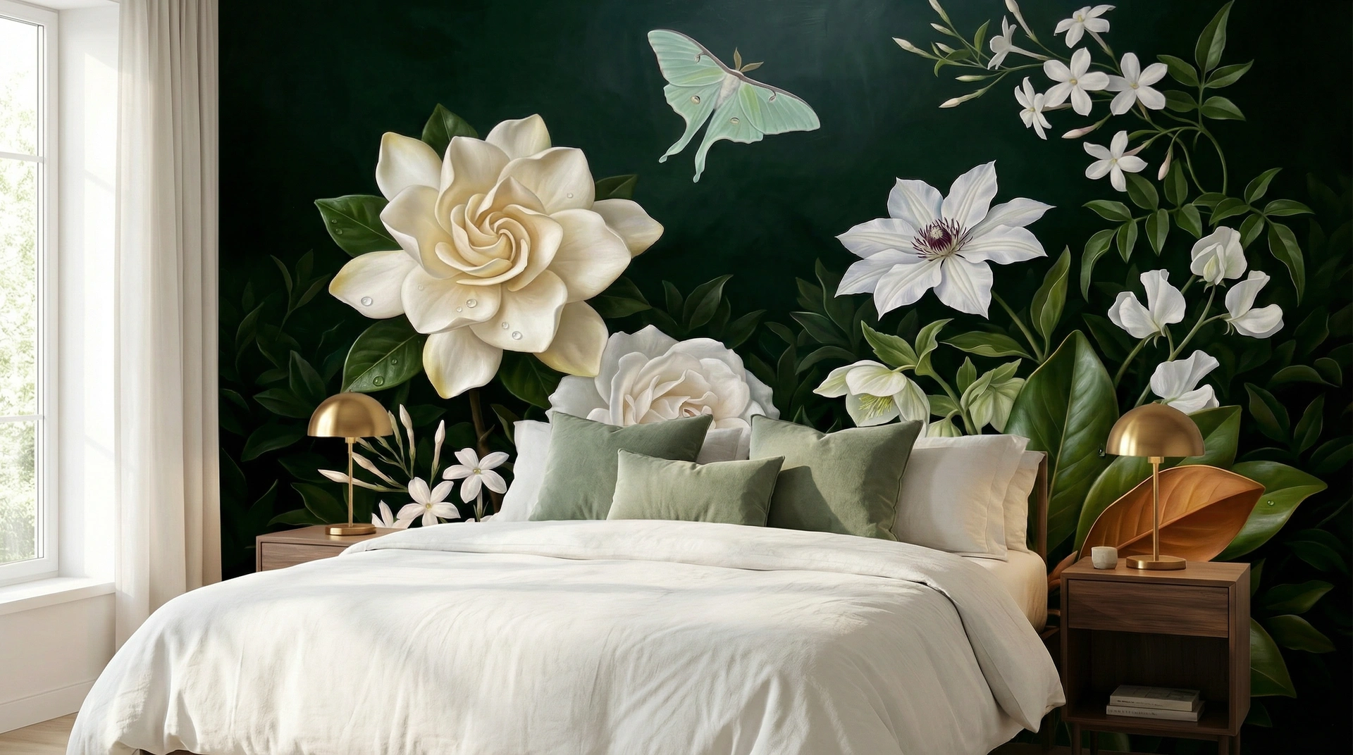 Emerald Depths mural behind a king bed
